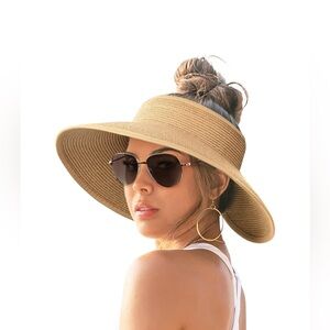 NWT Sun Visor Wide Brim Adjustable Straw Hat UV UPF Foldable/Packable, Khaki, OS